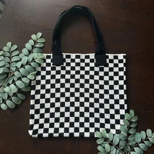 Black & White Checkered Knitted Shoulder Bag, Large Women's Crocheted Hobo Bag